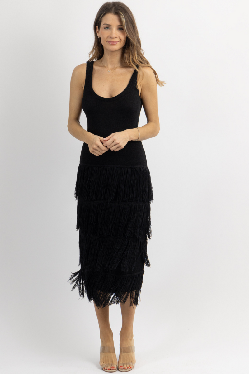 BARCELONA BLACK TASSEL DRESS BACK IN STOCK L ABEYE