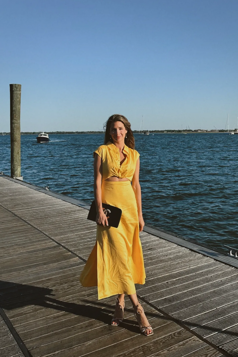 JACEY YELLOW BUTTON DOWN MIDI DRESS BACK IN STOCK L ABEYE