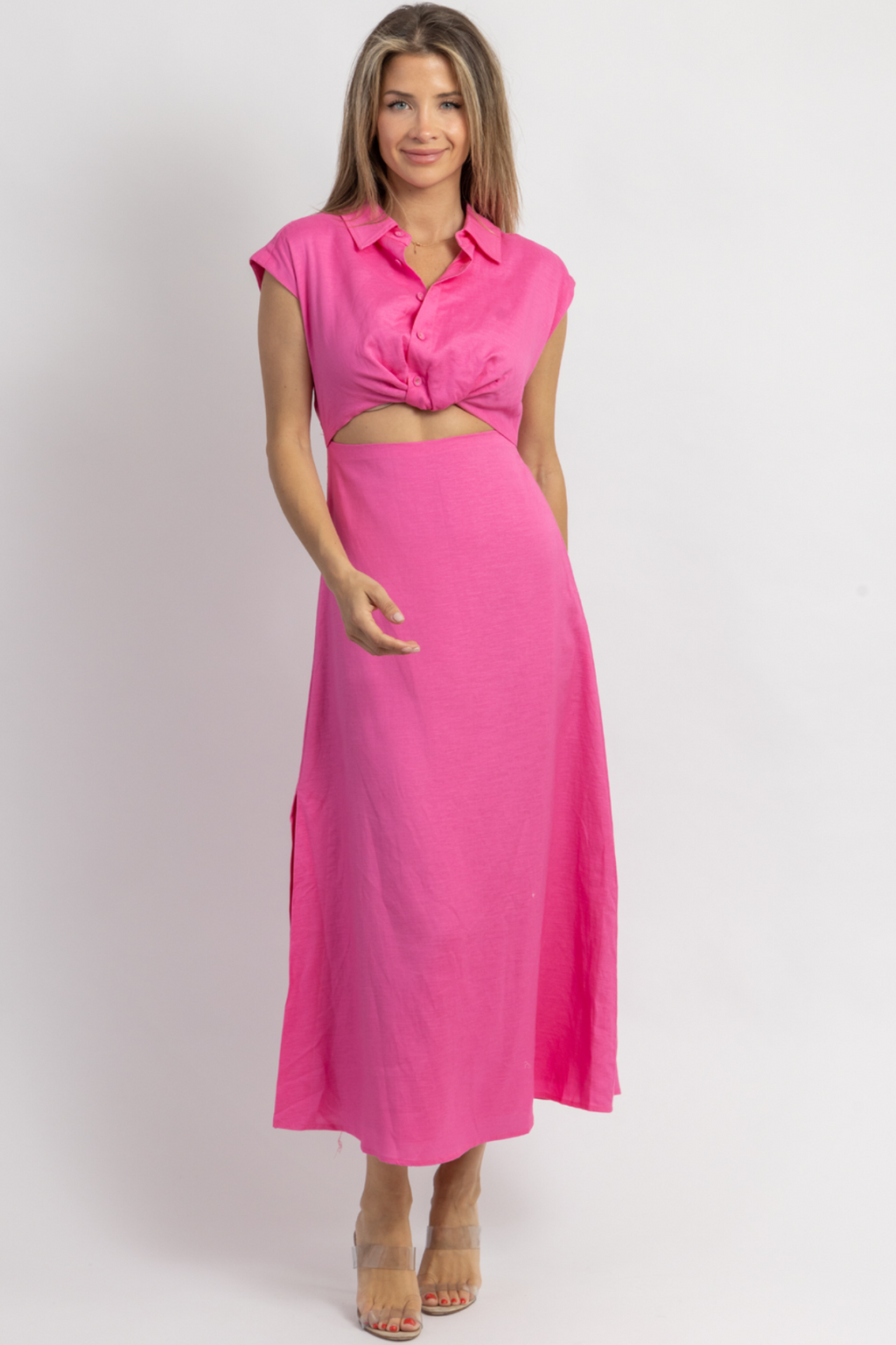 JACEY PINK BUTTON DOWN MIDI DRESS