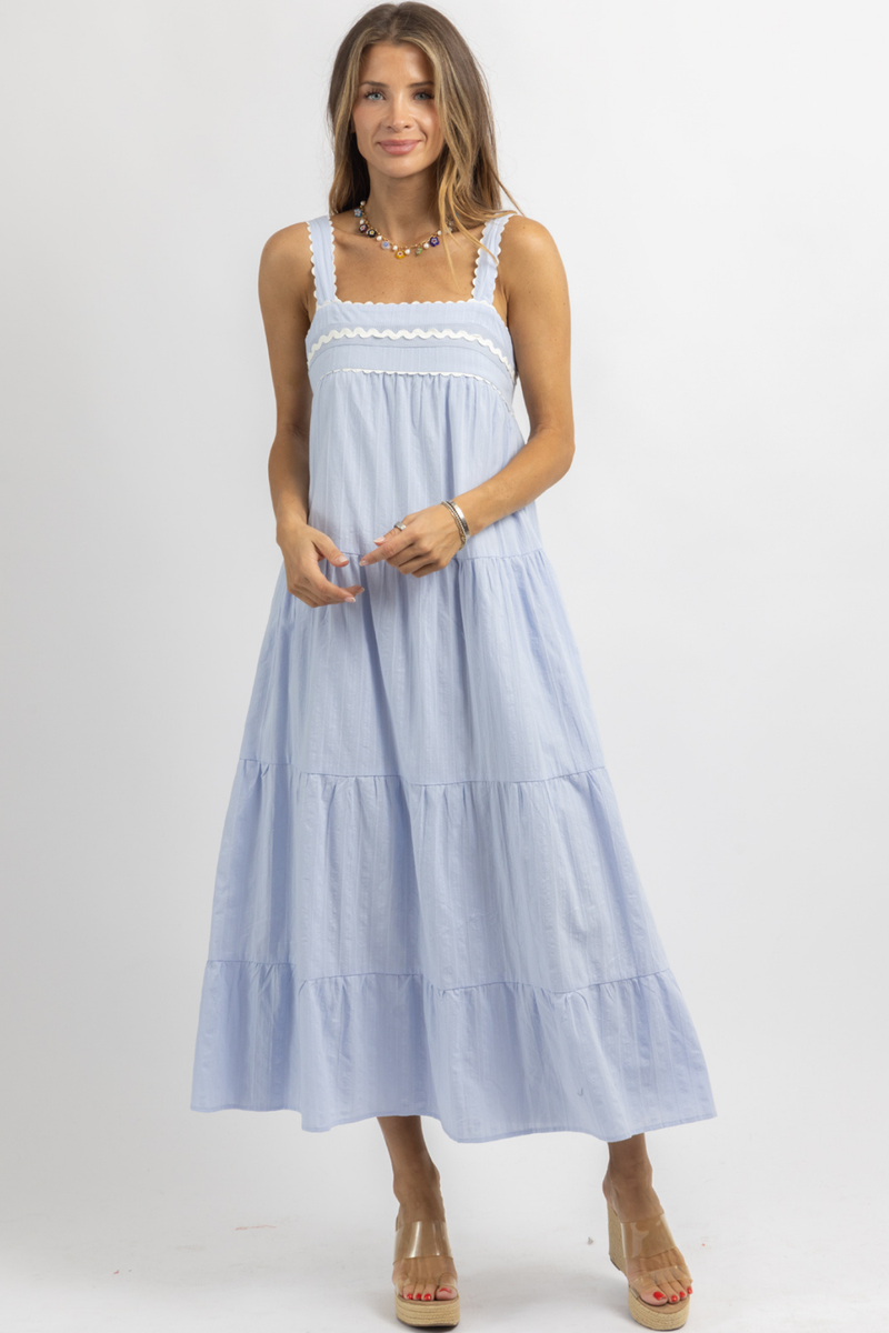 Ballerina neck scalloped lacedress ブルー RITA BLUE SCALLOP SHOULDER MIDI DRESS – L'ABEYE