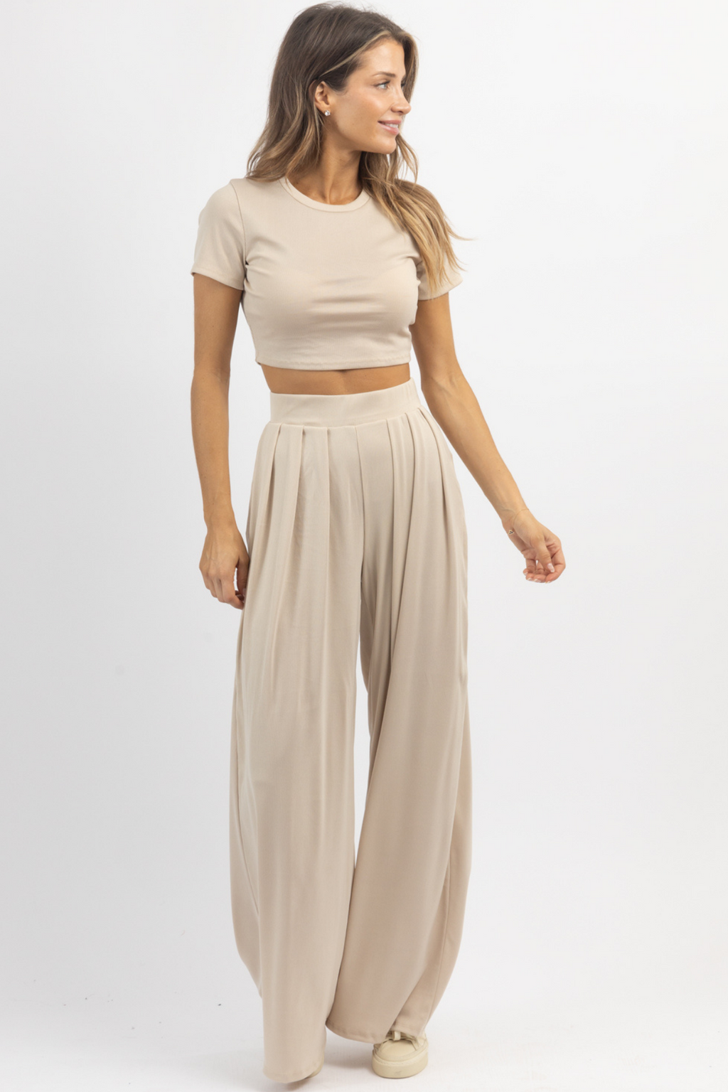 TAUPE RIBBED PALAZZO PANT SET