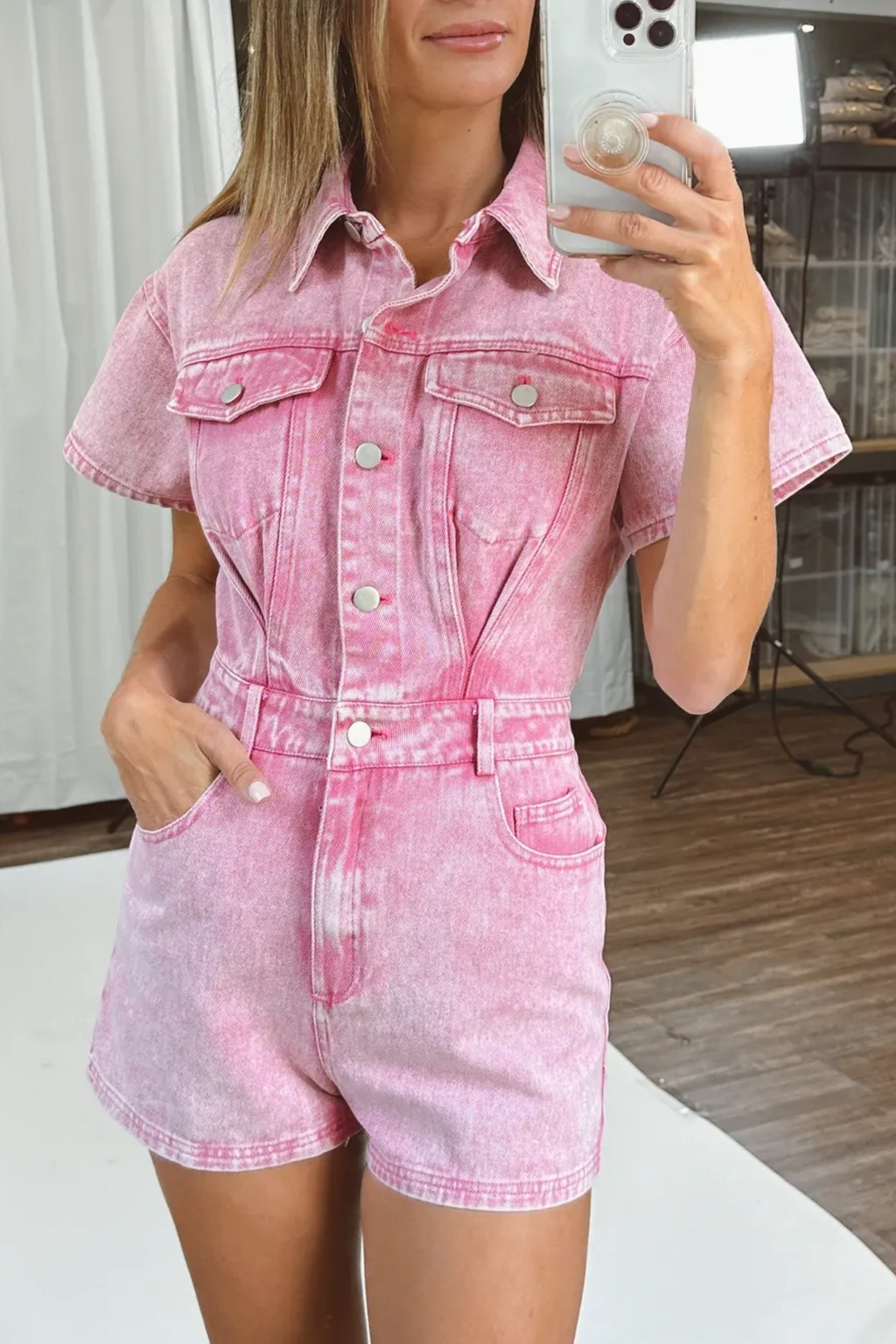 VINTAGE MAGENTA DENIM BUTTON ROMPER