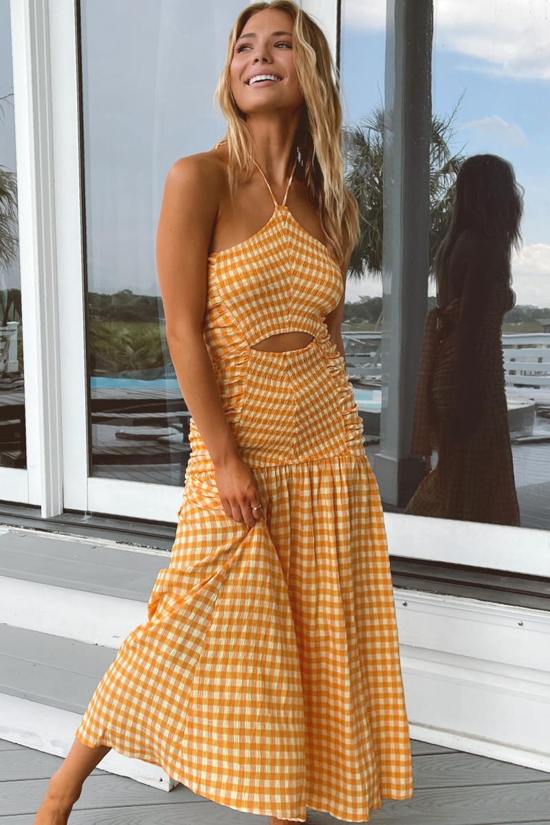 LOLITA ORANGE GINGHAM SMOCK MAXI DRESS