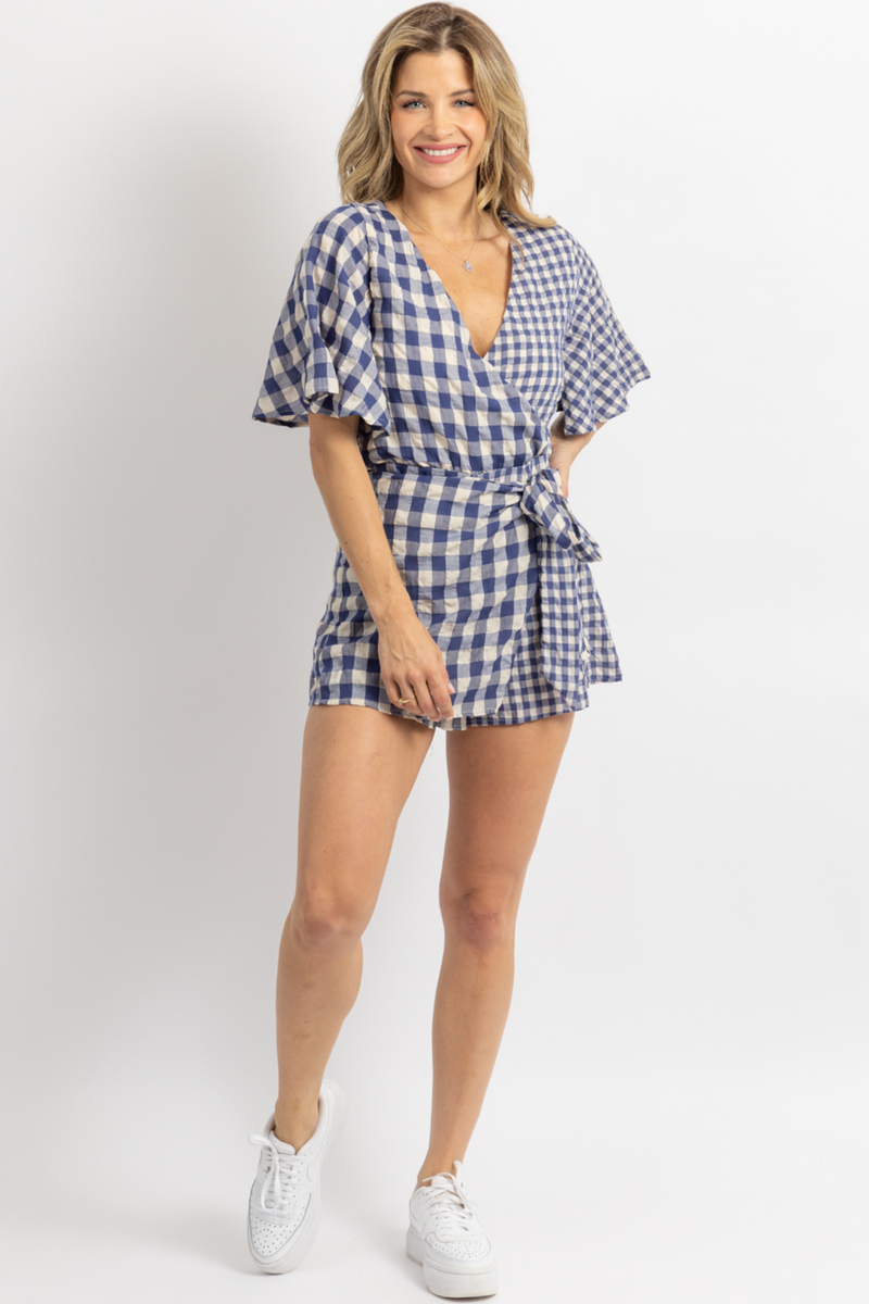 NAVY NATURAL GINGHAM WRAP ROMPER – L'ABEYE - Main Image