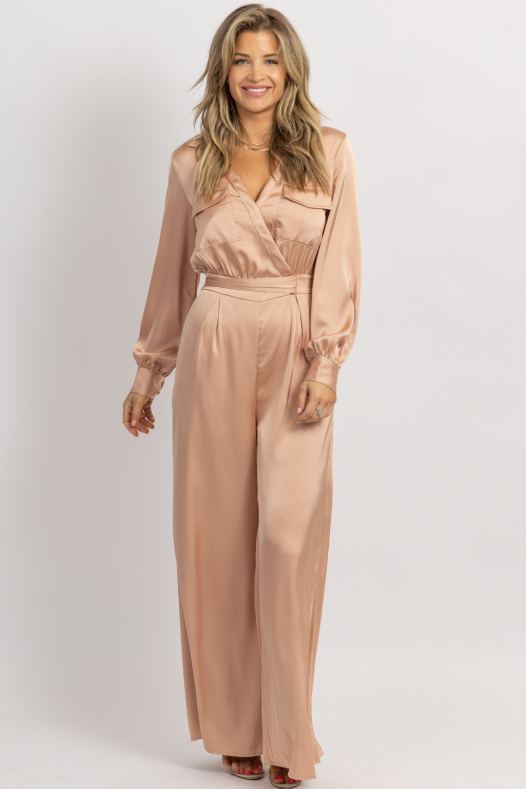 NUDE SATIN LONGSLEEVE WIDE LEG JUMPSUIT