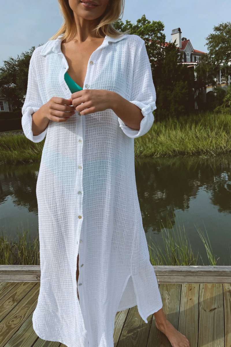 BRIGHT WHITE GAUZE MAXI SHIRT DRESS L ABEYE