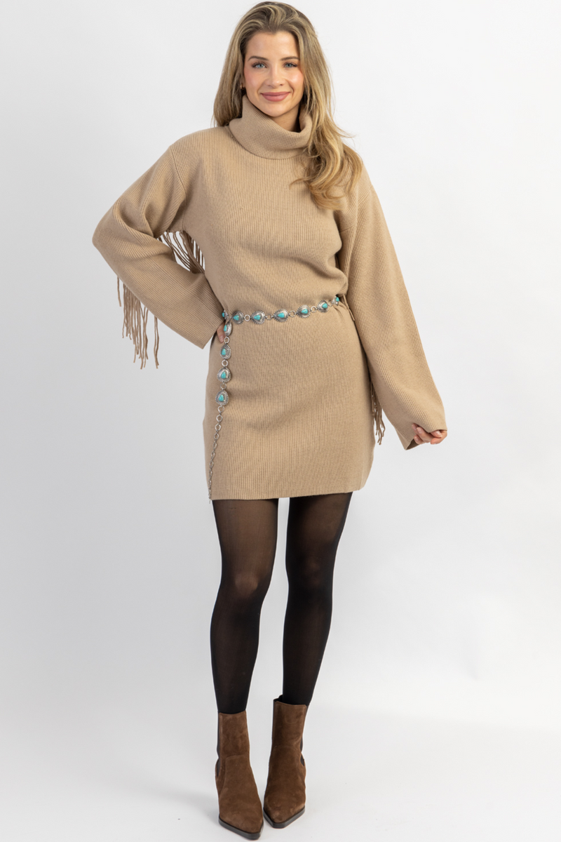 CHARLEY TAN FRINGED SWEATER MINI DRESS L ABEYE