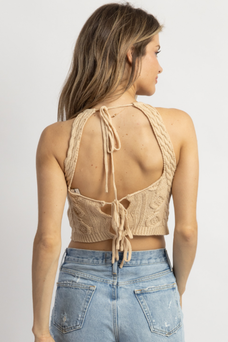 TAUPE KNIT BACKLESS SELF-TIE CROP – L'ABEYE TAUPE KNIT BACKLESS SELF-TIE CROP – L'ABEYE
