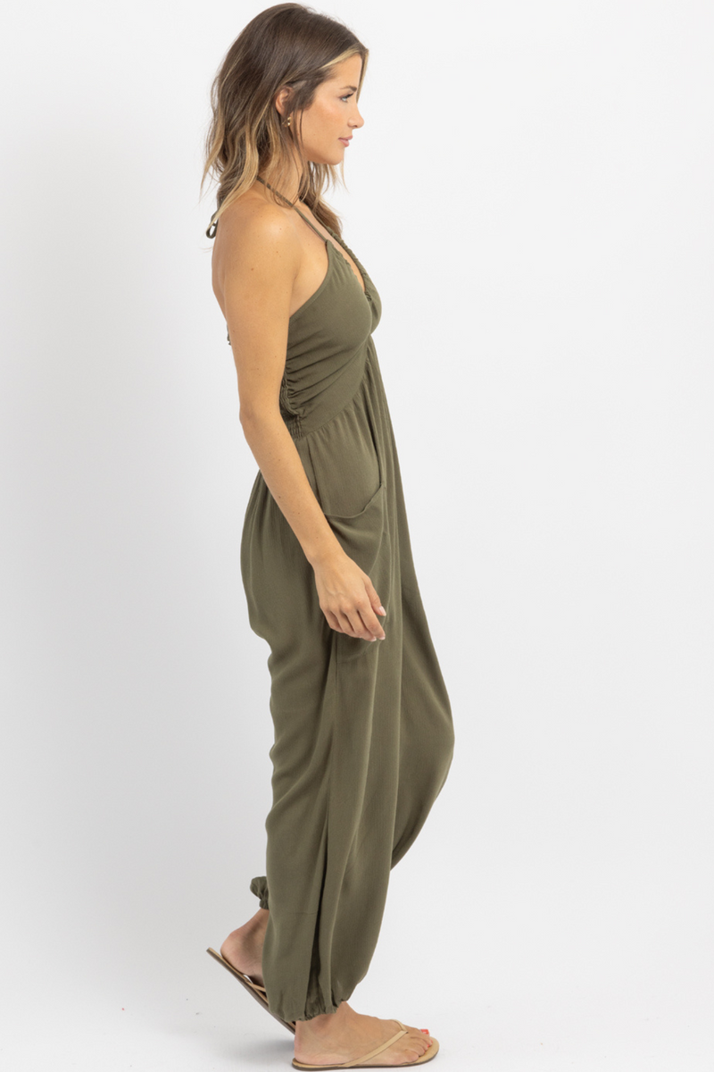 AYLA SMOCKED OLIVE JOGGER JUMPSUIT