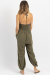 AYLA SMOCKED OLIVE JOGGER JUMPSUIT