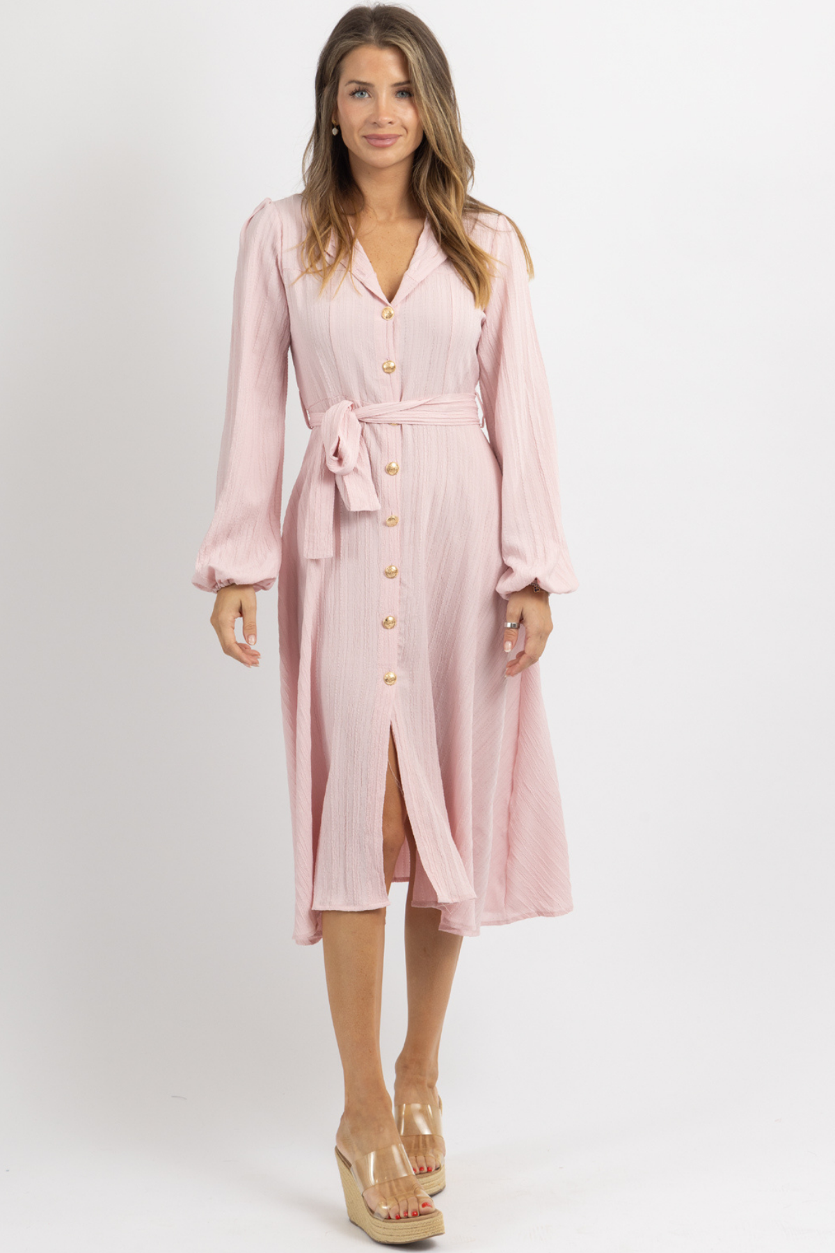 ワンピース Balm* pink begie dress PERRI PINK BELTED MIDI DRESS – L'ABEYE