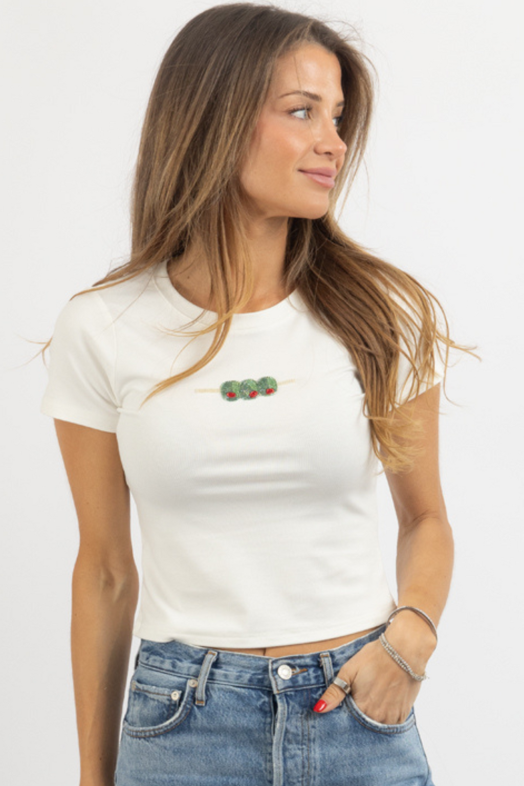 BEADED OLIVE CROP TEE