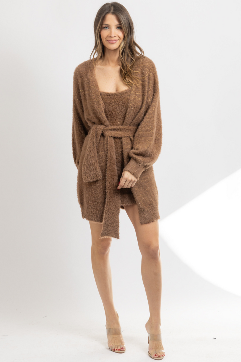 ANGORA BROWN MINI DRESS + CARDI