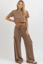 TOFFEE RIBBED CARGO PANT SET