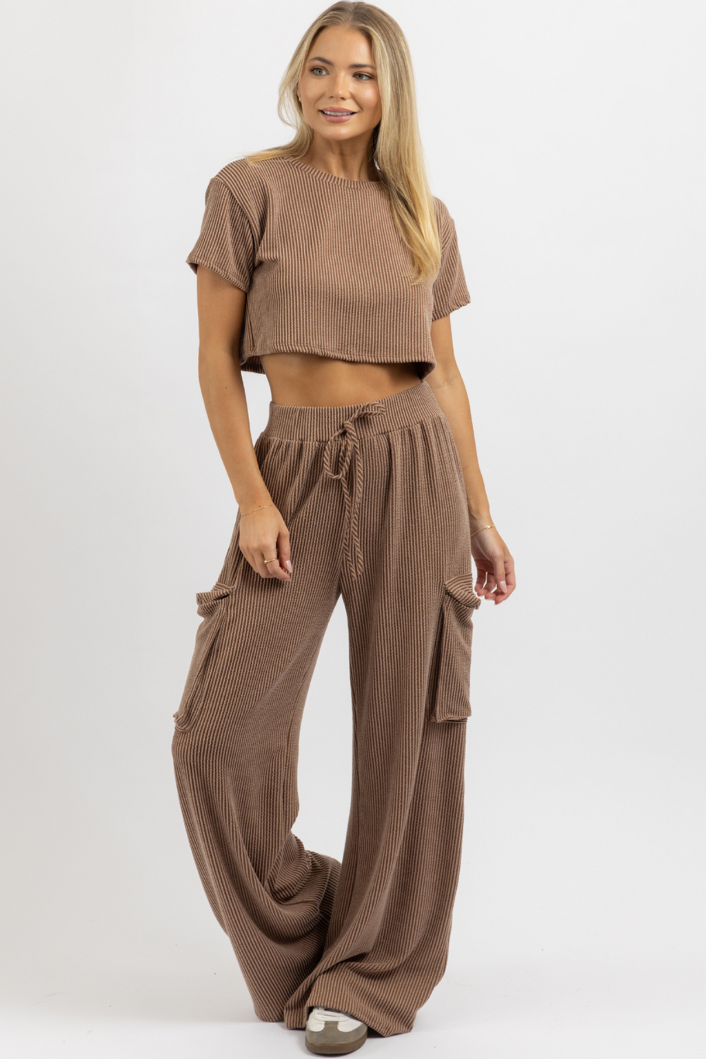 TOFFEE RIBBED CARGO PANT SET