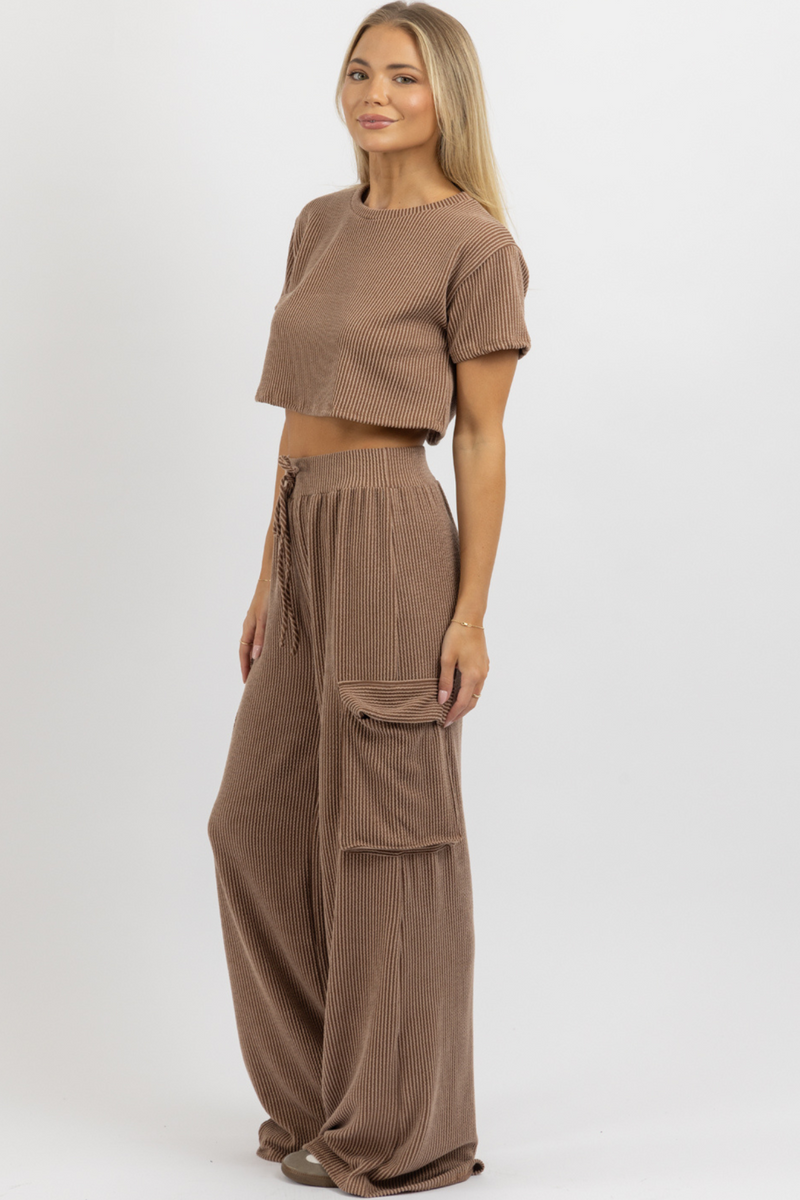 TOFFEE RIBBED CARGO PANT SET