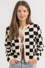 CLASSIC CHECKED TIE FRONT SWEATER