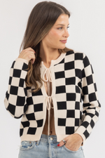 CLASSIC CHECKED TIE FRONT SWEATER