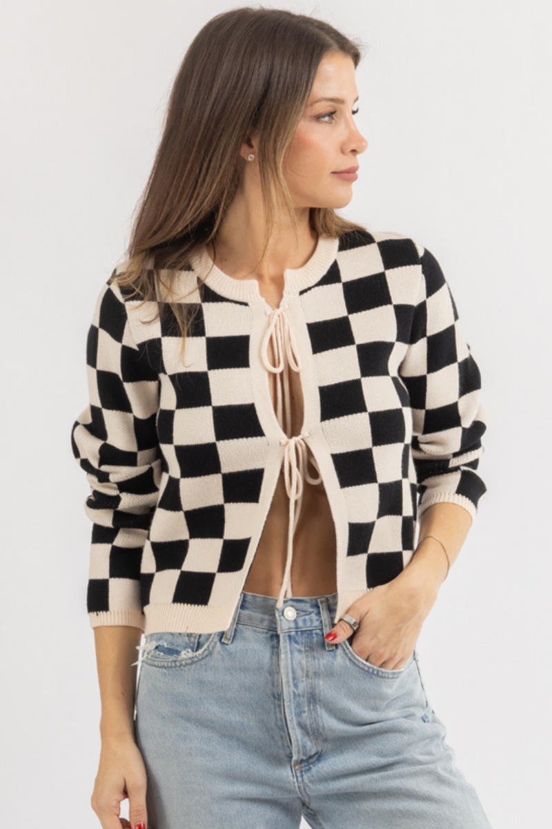 CLASSIC CHECKED TIE FRONT SWEATER