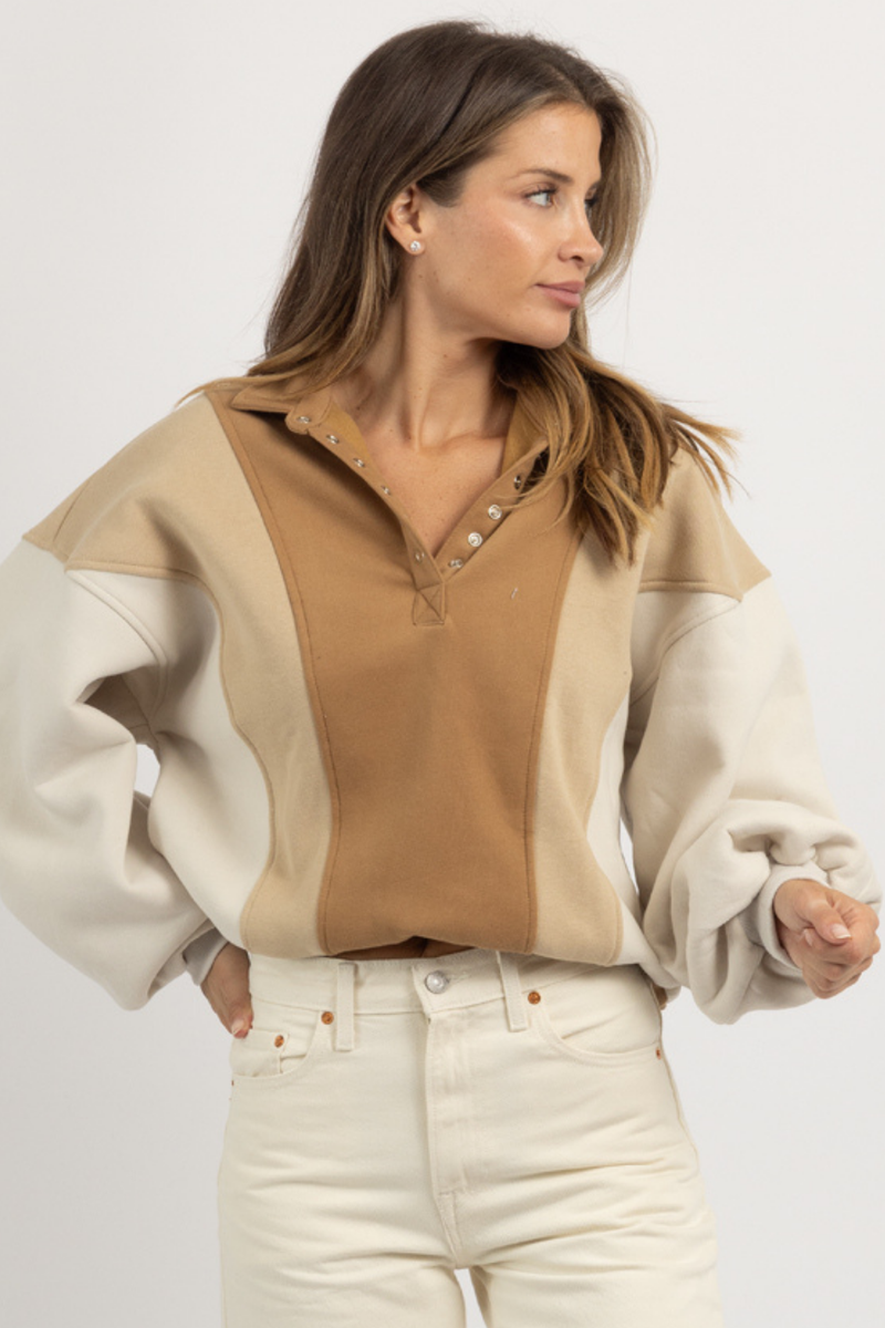 COZY CAMEL COLORBLOCKED PULLOVER