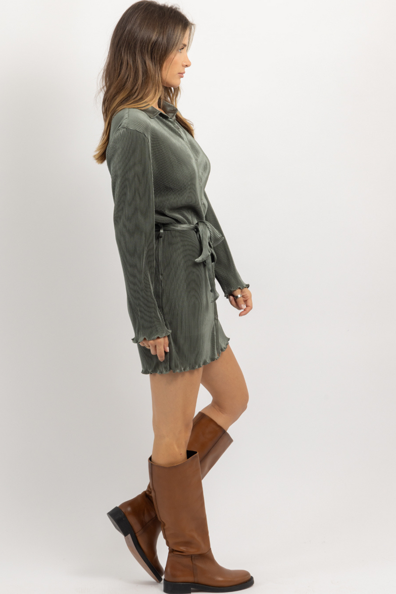 DISCO OLIVE BELT PLISSE MINI DRESS