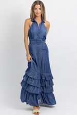 ELEANOR DENIM BLUE BELTED MAXI DRESS
