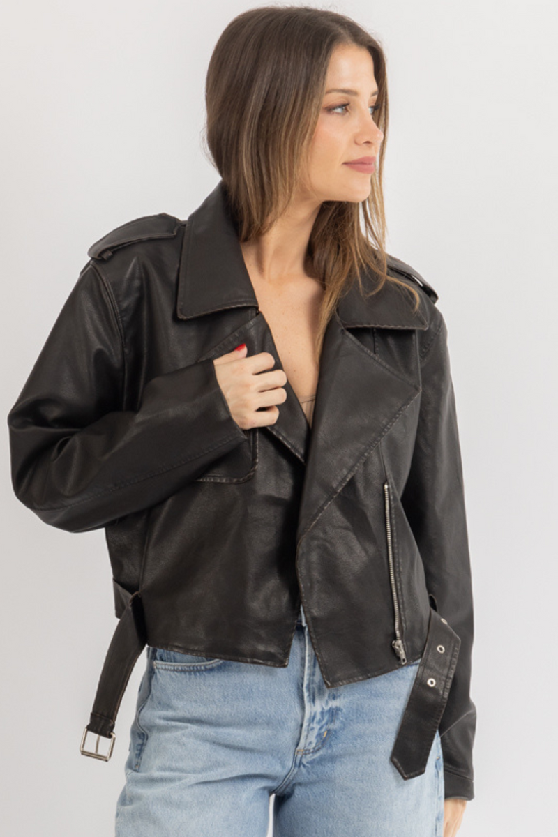 ESPRESSO LEATHER BUCKLE JACKET