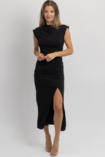 FEMME SHIRRED SLIT MIDI DRESS