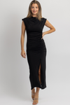 FEMME SHIRRED SLIT MIDI DRESS