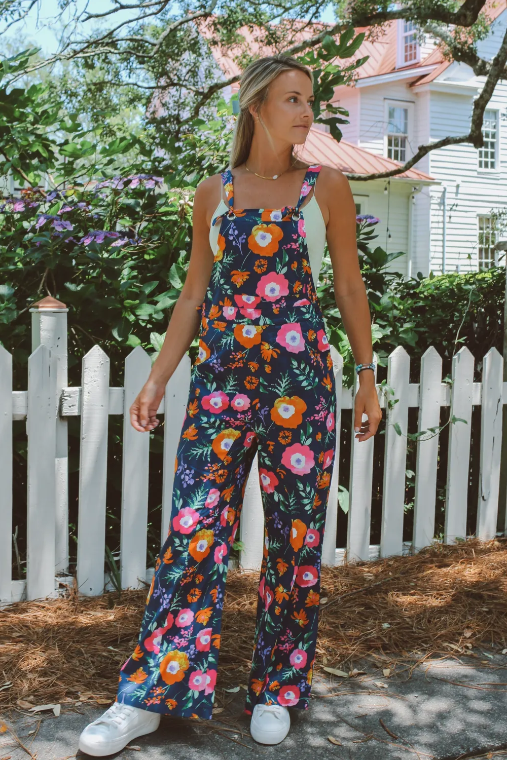 Birdie Floral Print Overalls - Navy