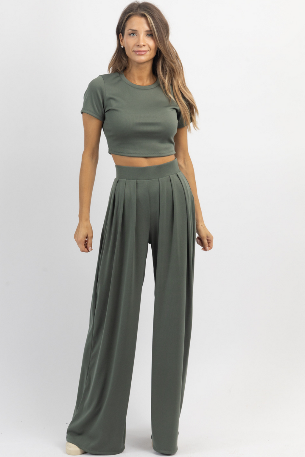 FOREST GREEN RIBBED PALAZZO PANT SET