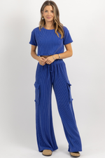 INDIGO RIBBED CARGO PANT SET