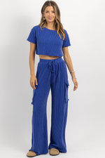 INDIGO RIBBED CARGO PANT SET