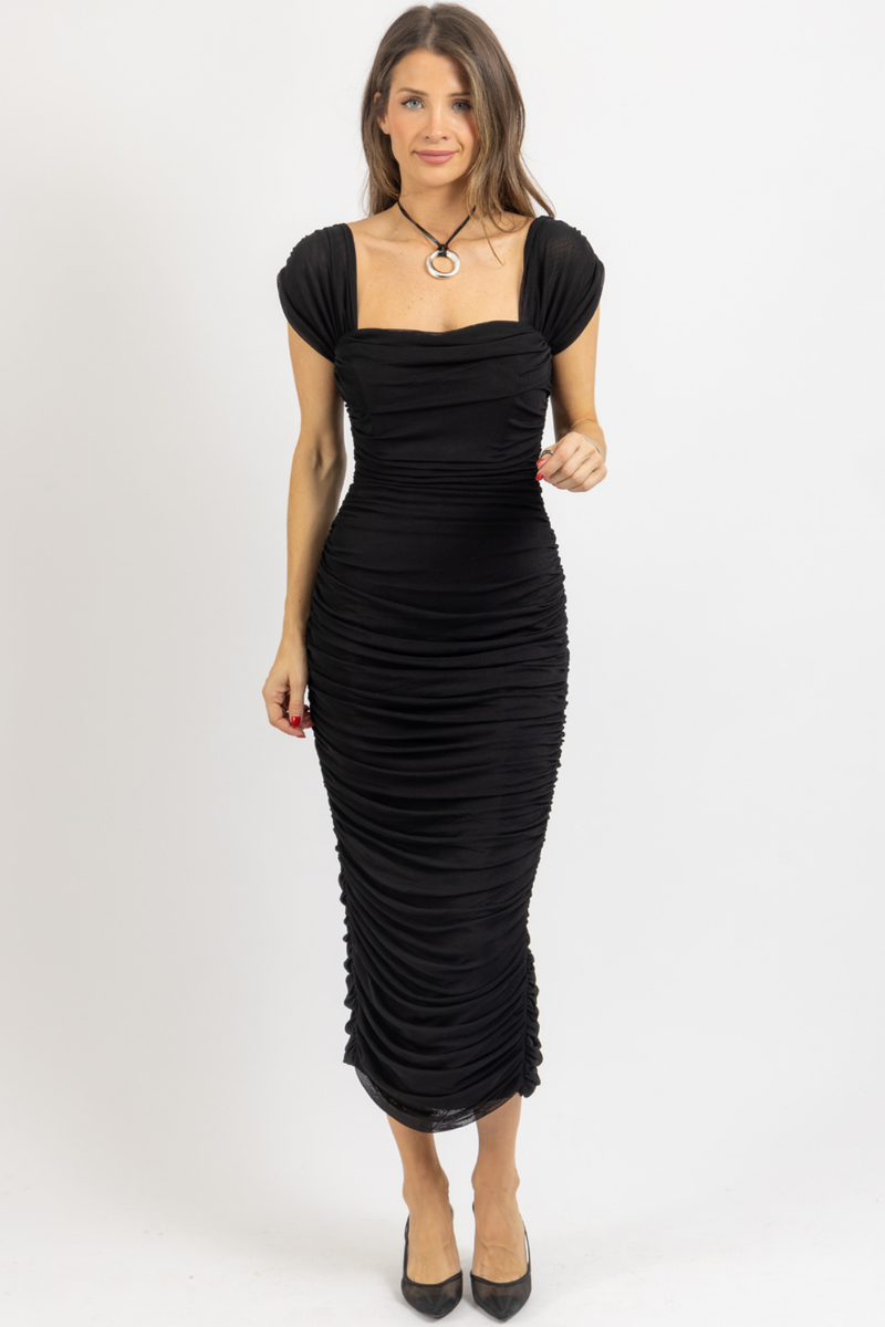 JACKIE SHIRRED MIDI DRESS