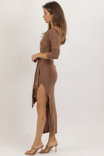 KHAKI LONGSLEEVE CIRCLET CUTOUT MIDI DRESS