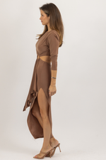 KHAKI LONGSLEEVE CIRCLET CUTOUT MIDI DRESS