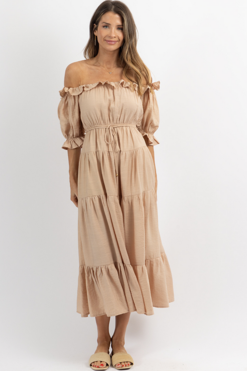 NUDE OFF SHOULDER RUFFLE TIE WAIST MAXI DRESS L ABEYE