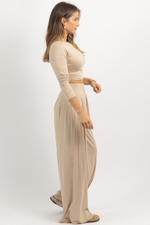 OATMEAL LONG SLEEVE BUTTER SOFT PALAZZO PANT SET