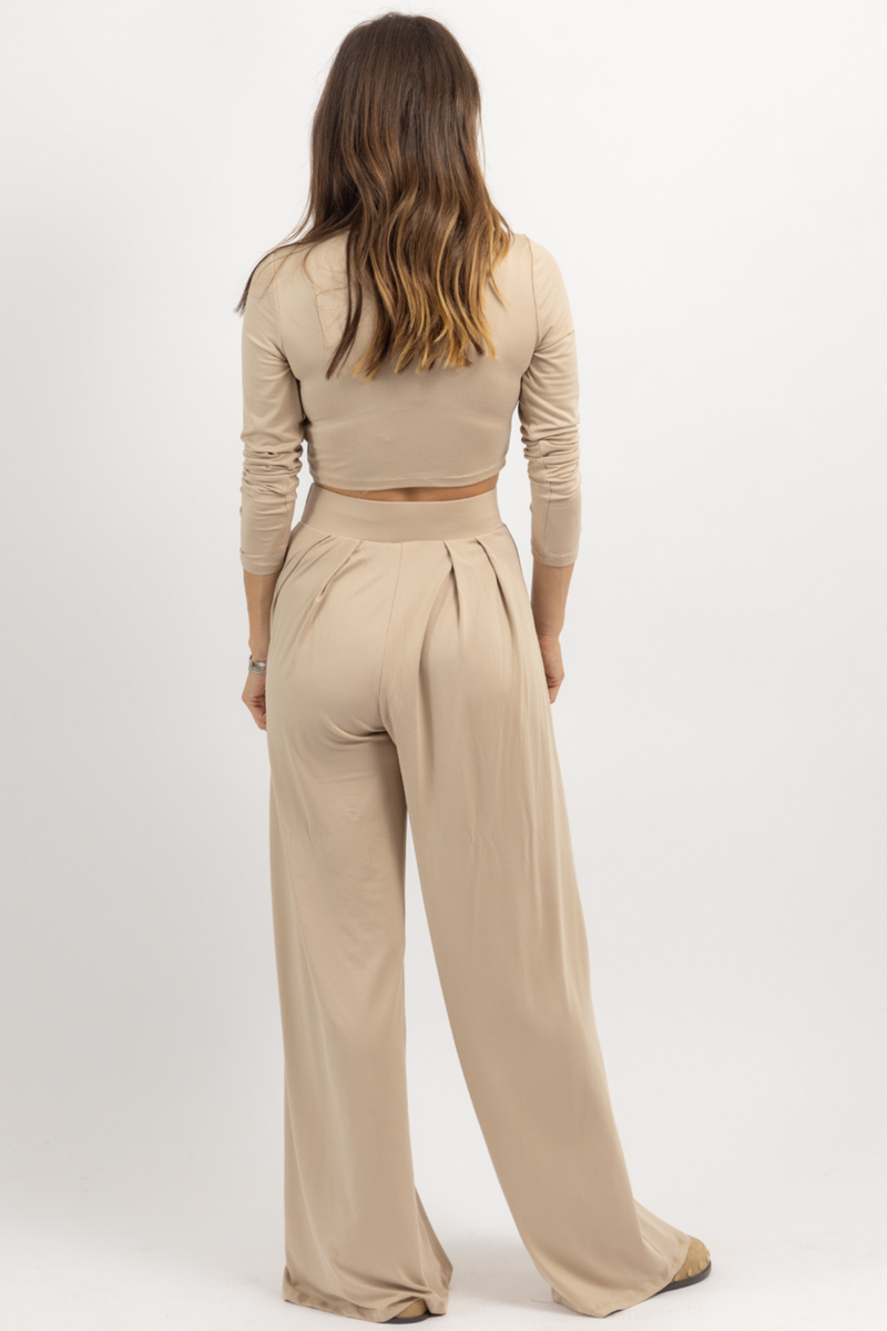 OATMEAL LONG SLEEVE BUTTER SOFT PALAZZO PANT SET