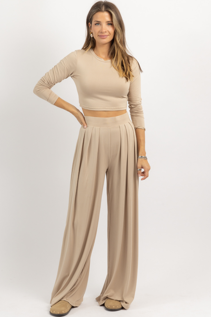 OATMEAL LONG SLEEVE BUTTER SOFT PALAZZO PANT SET