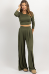 OLIVE LONG SLEEVE BUTTER SOFT PALAZZO PANT SET