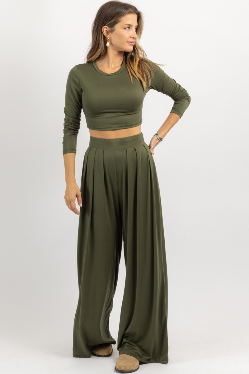 OLIVE LONG SLEEVE BUTTER SOFT PALAZZO PANT SET