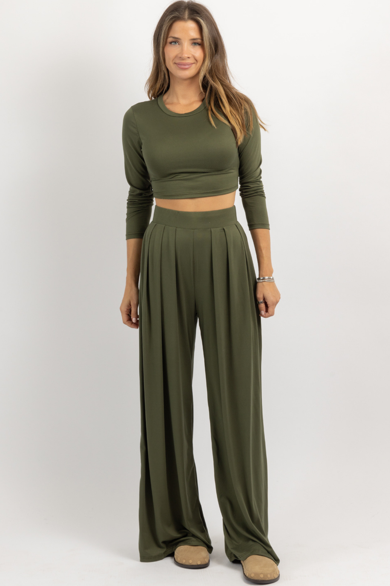 OLIVE LONG SLEEVE BUTTER SOFT PALAZZO PANT SET