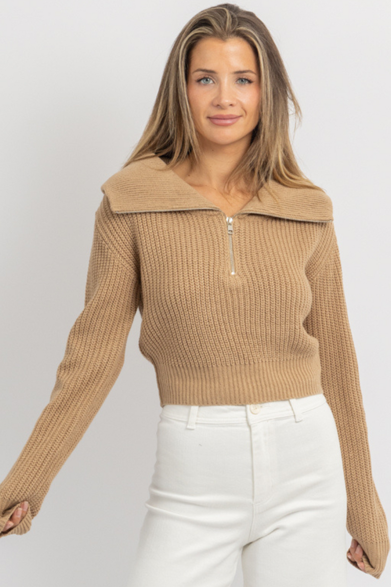 PAXTON MOCHA COLLARED KNIT TOP