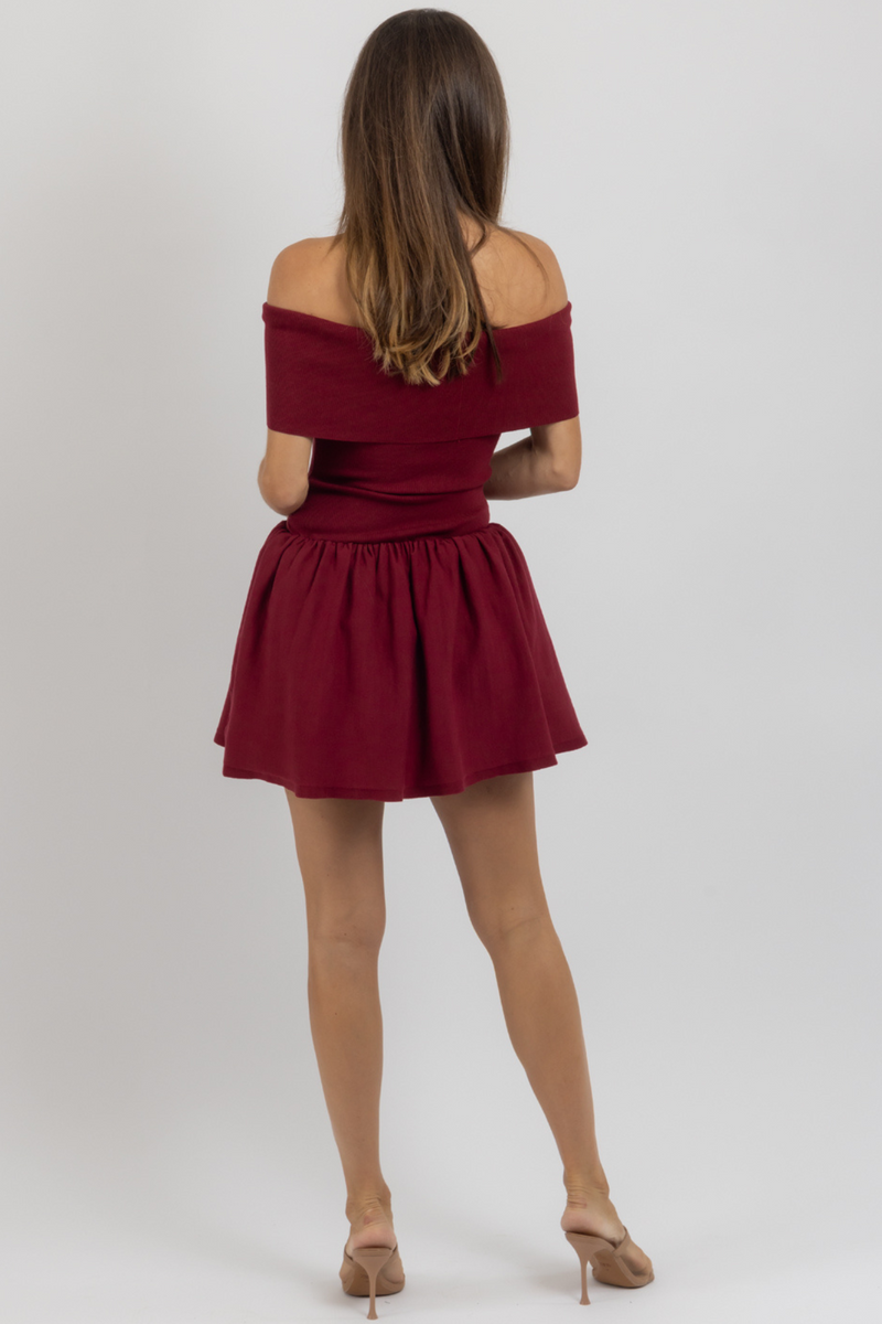 PIPPA WINE OFF SHOULDER MINI DRESS