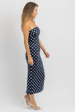 POLKA POSH STRAPLESS MIDI DRESS