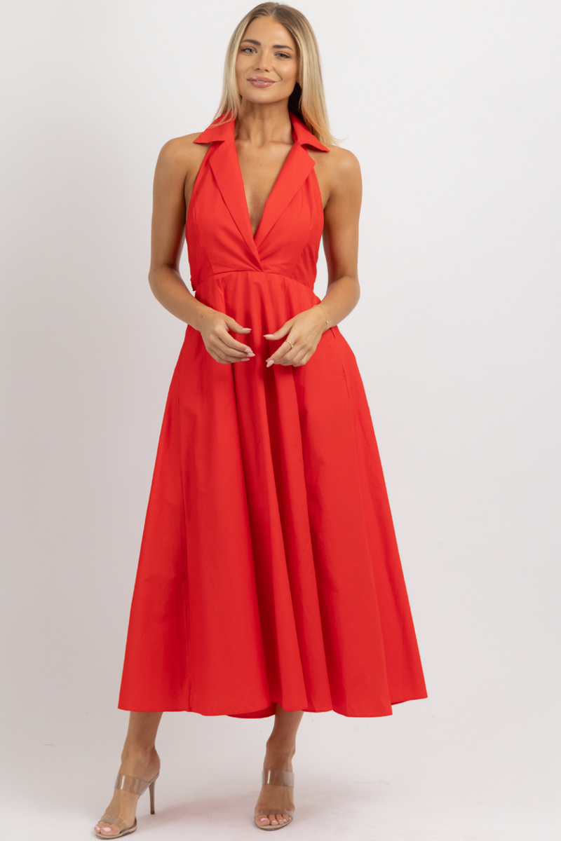 SAYLOR RED COLLARED MIDI DRESS