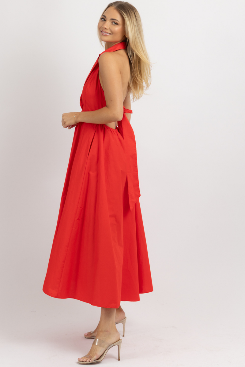 SAYLOR RED COLLARED MIDI DRESS