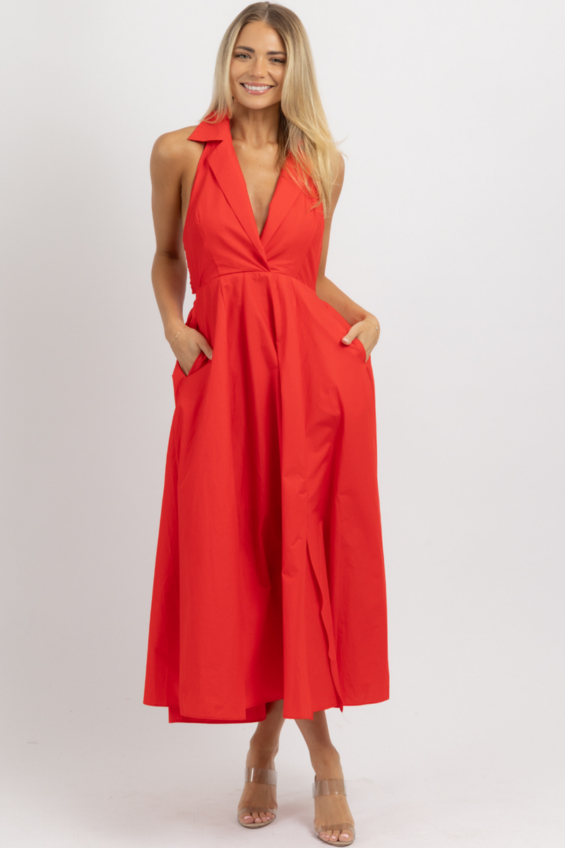 SAYLOR RED COLLARED MIDI DRESS