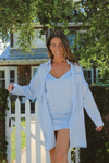 SKY BLUE SATIN MINI DRESS + BUTTON DOWN SET